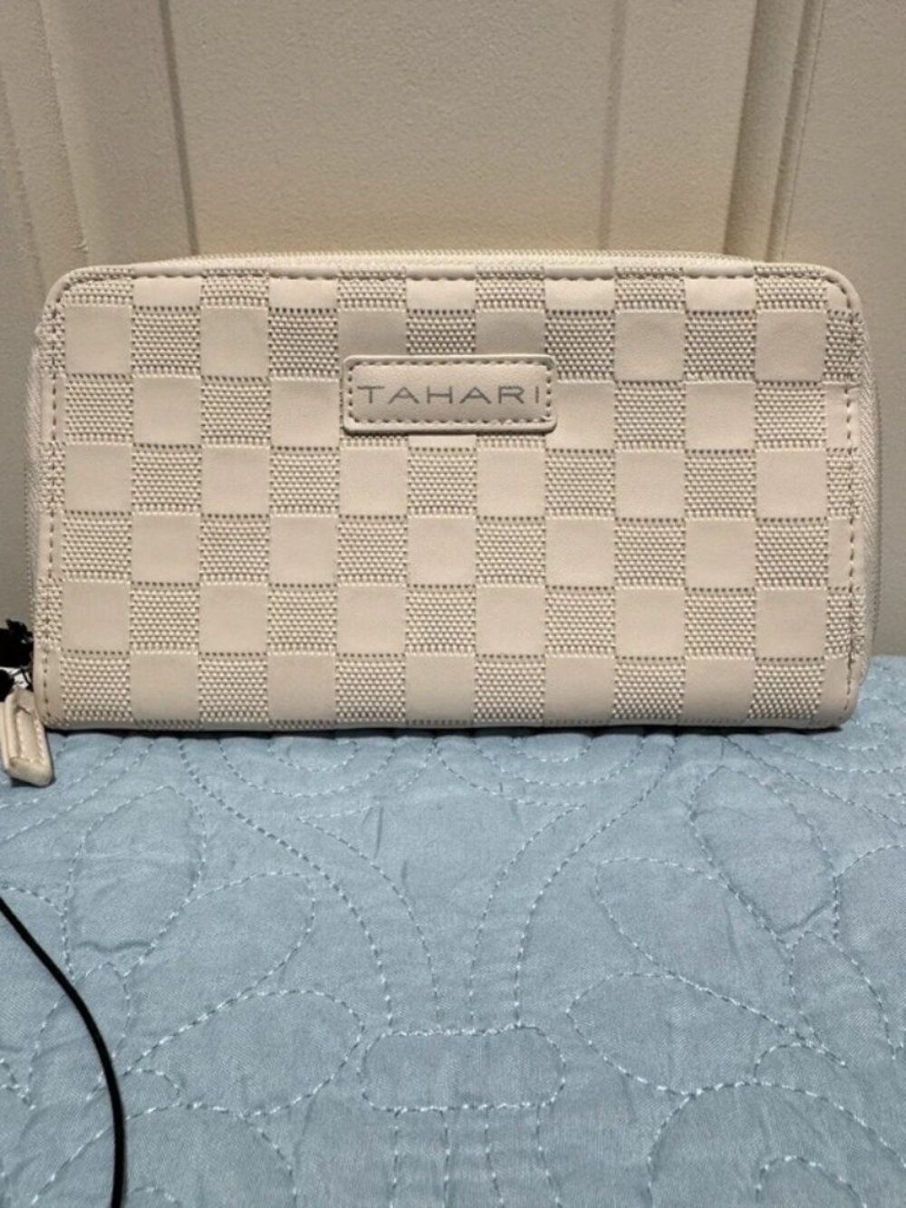 Tahari Cream Checkerboard Zip-Around Wallet